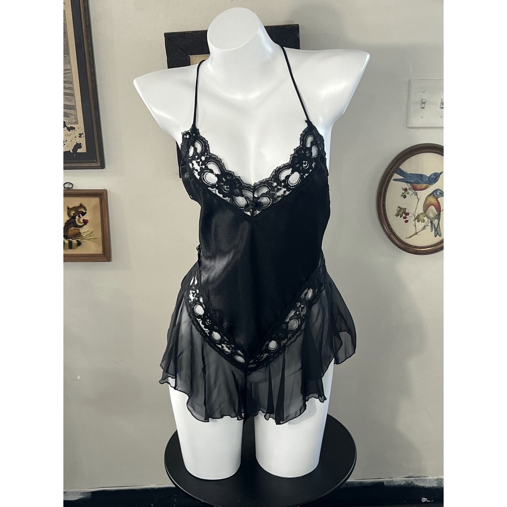Vintage Black Lace Trimmed Lingerie Bodysuit Size 1X